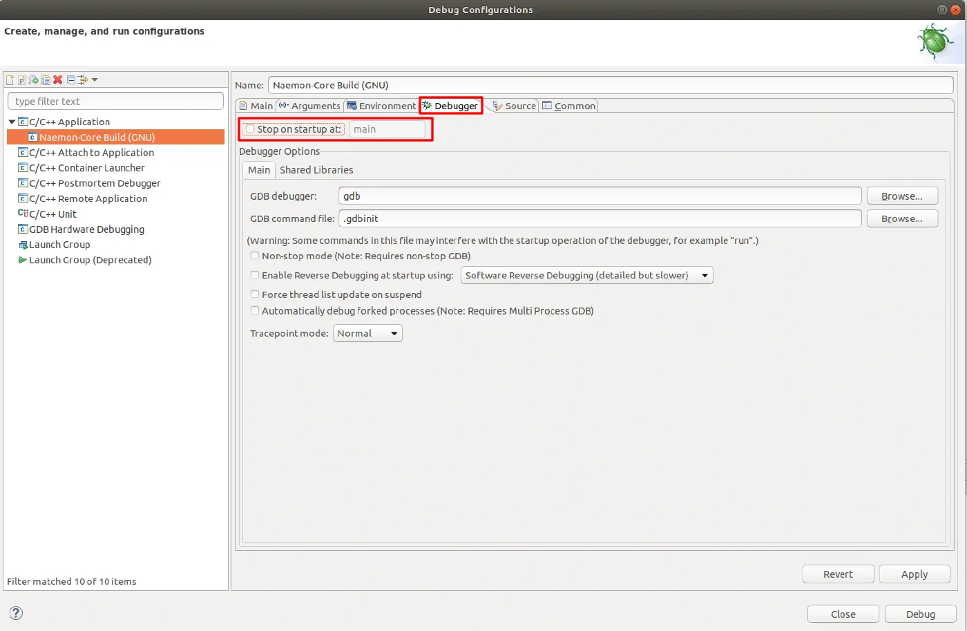 Set the debug configuration