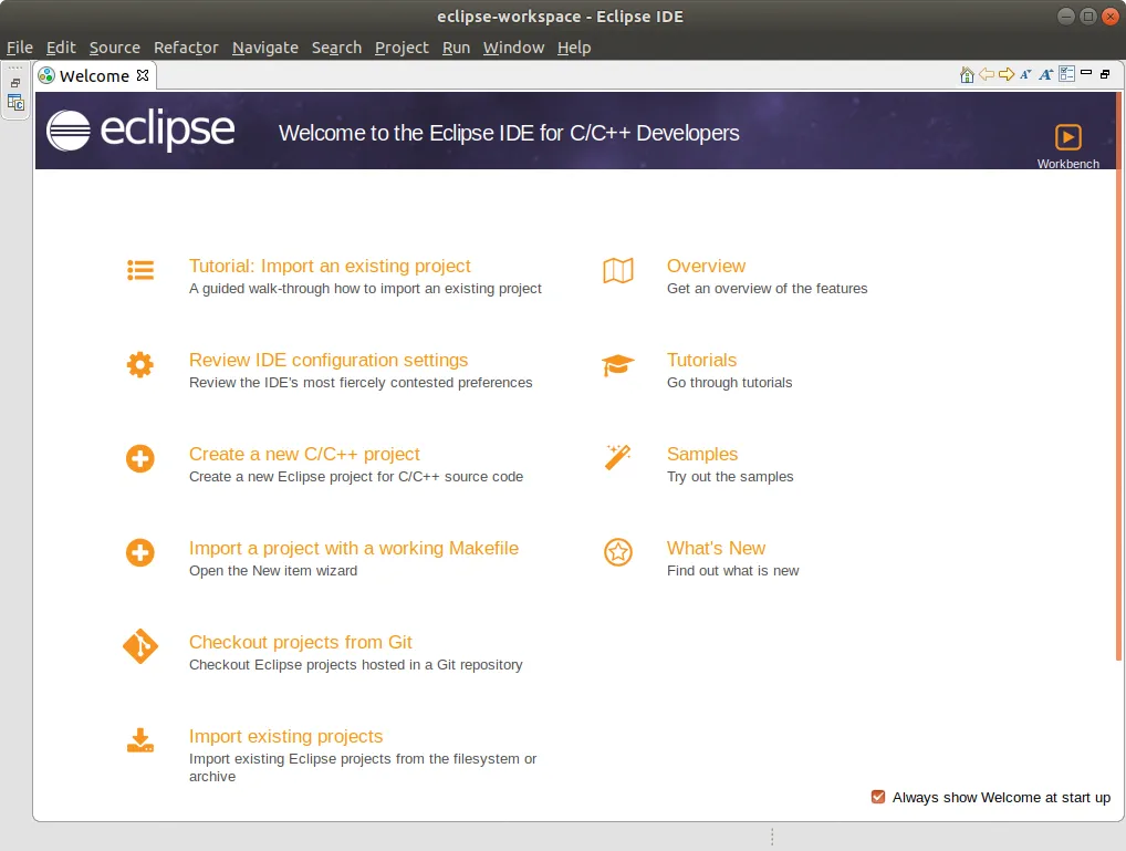 The Eclipse welcome screen